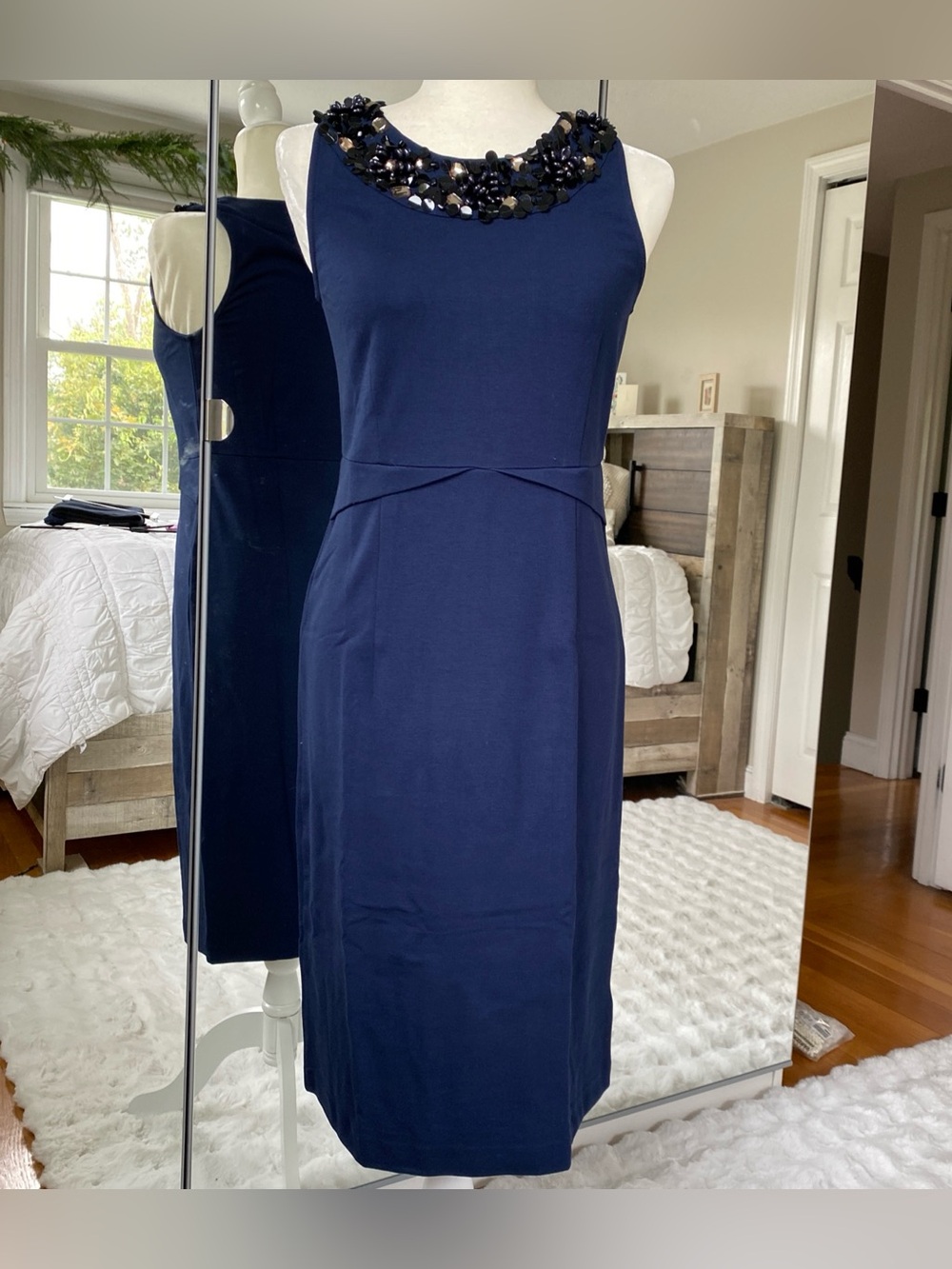 Boden jeweled neck ponte sheath dress navy blue 6L